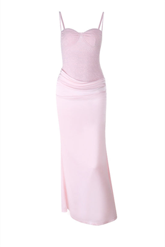 Straps Pink Lace Stitching Ruched Long Dress