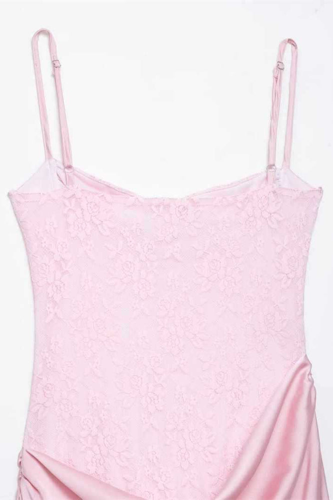 
                      
                        Straps Pink Lace Stitching Ruched Long Dress
                      
                    