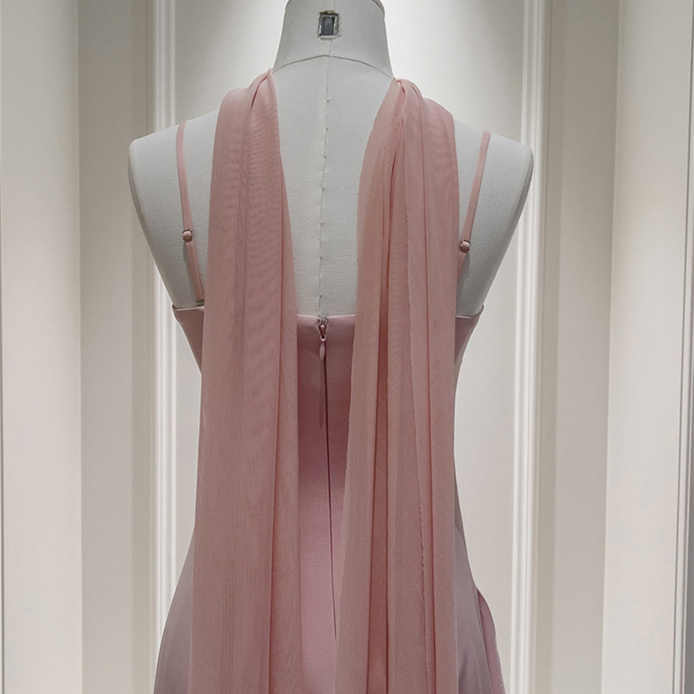
                      
                        Straps Pink Pleated A-line Long Dress with Slit
                      
                    