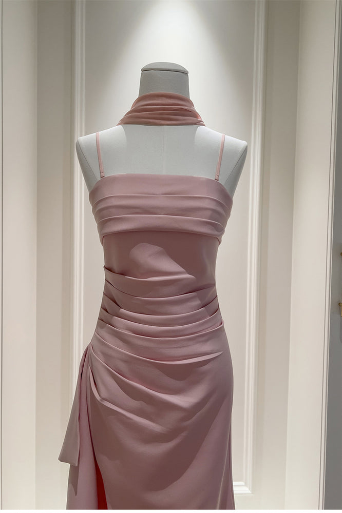 
                      
                        Straps Pink Pleated A-line Long Dress with Slit
                      
                    