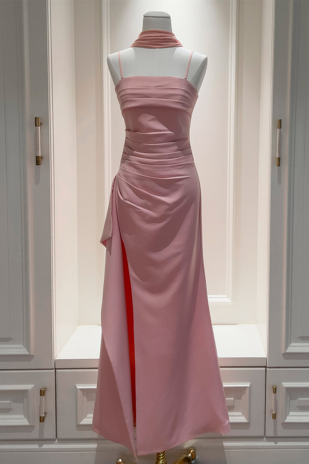 Straps Pink Pleated A-line Long Dress with Slit