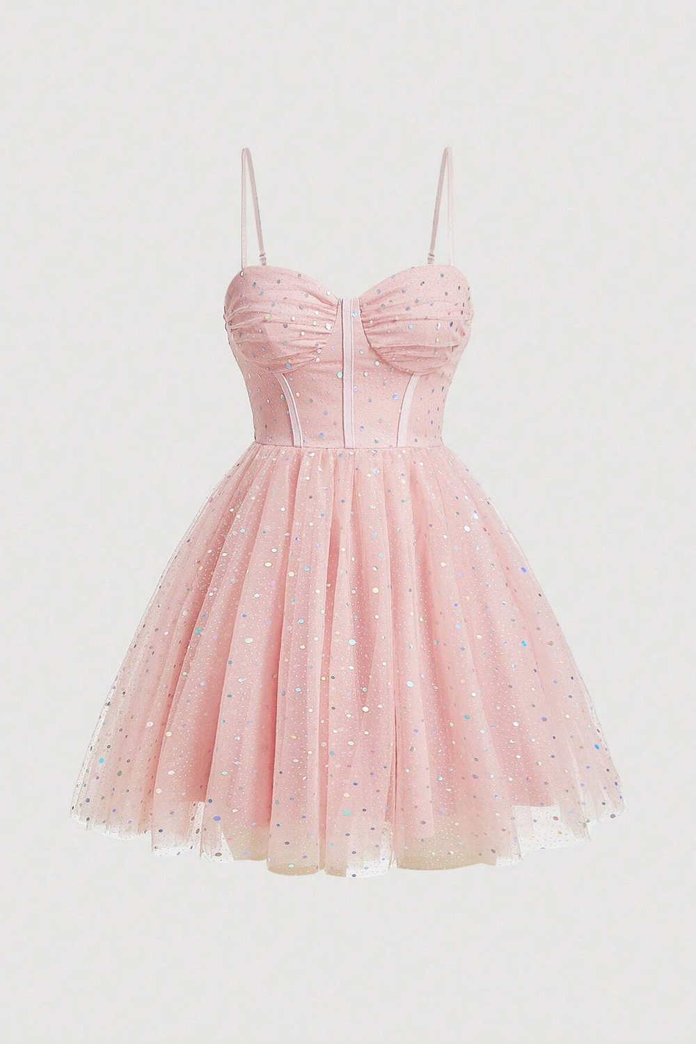 Straps Pink Ruched Sparkle Tulle Short Dress