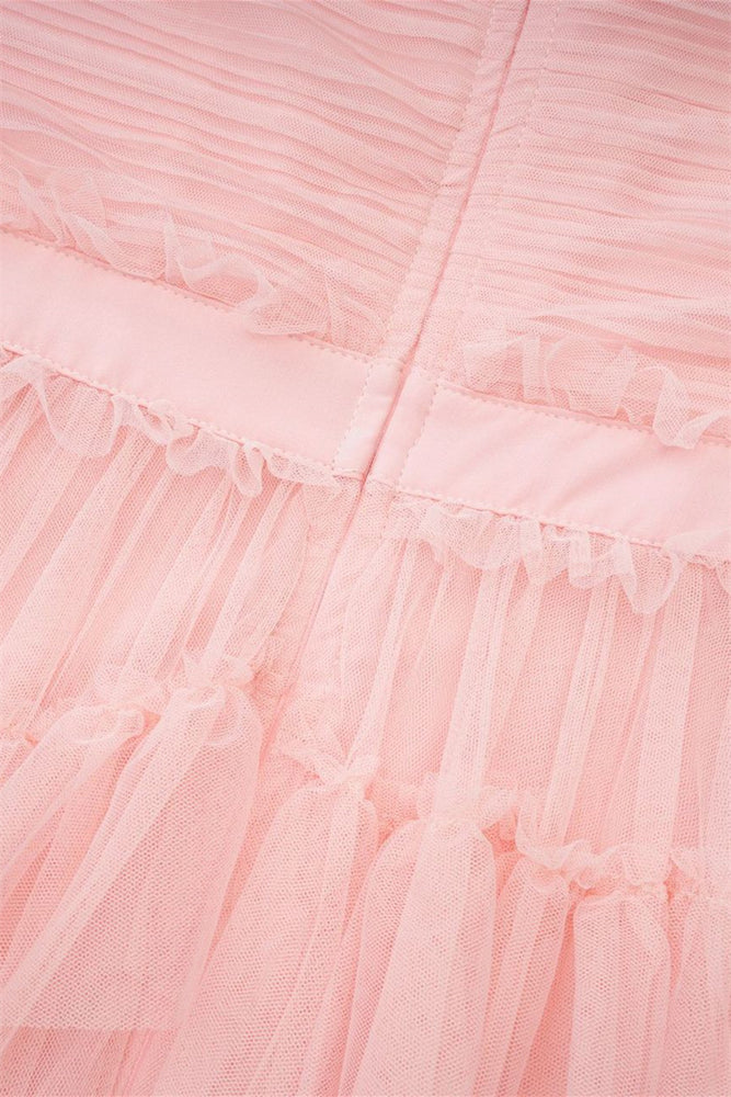 
                      
                        Straps Pink Ruffle Tiered Ruched Long Dress
                      
                    