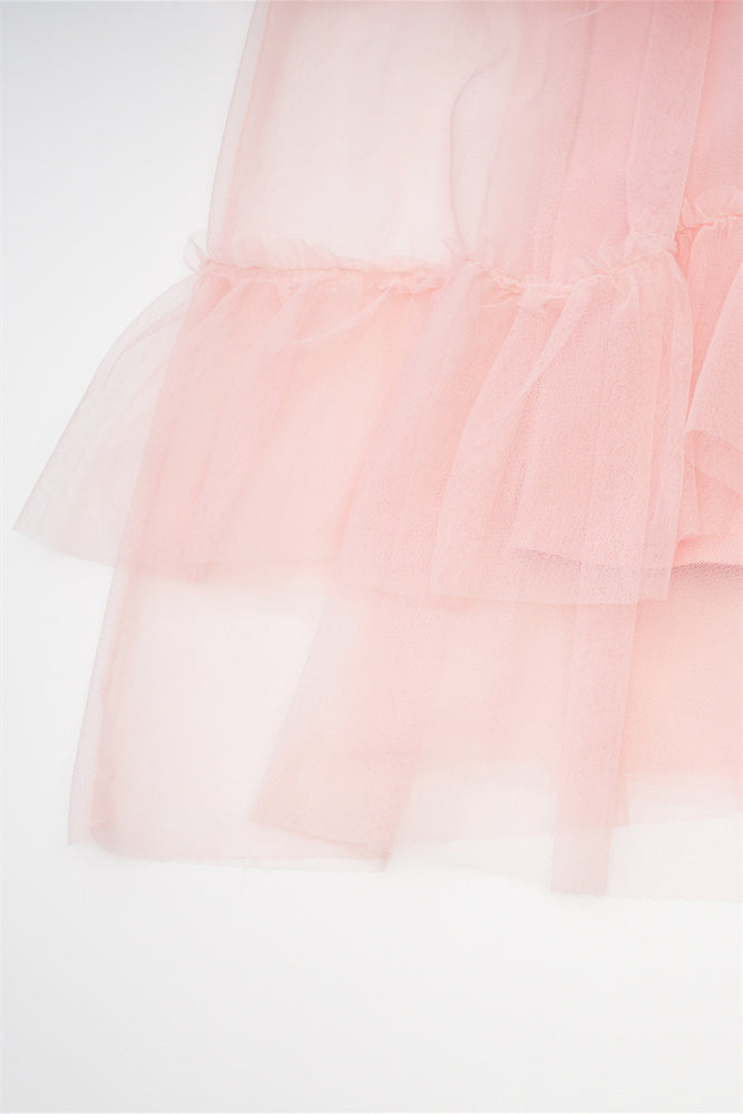 
                      
                        Straps Pink Ruffle Tiered Ruched Long Dress
                      
                    