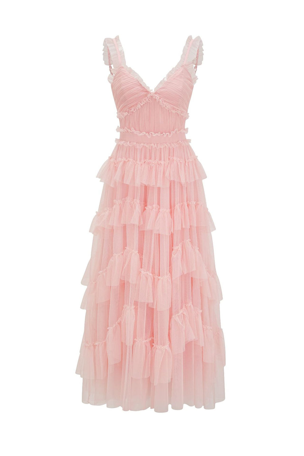 Straps Pink Ruffle Tiered Ruched Long Dress