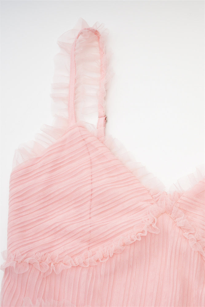 
                      
                        Straps Pink Ruffle Tiered Ruched Long Dress
                      
                    