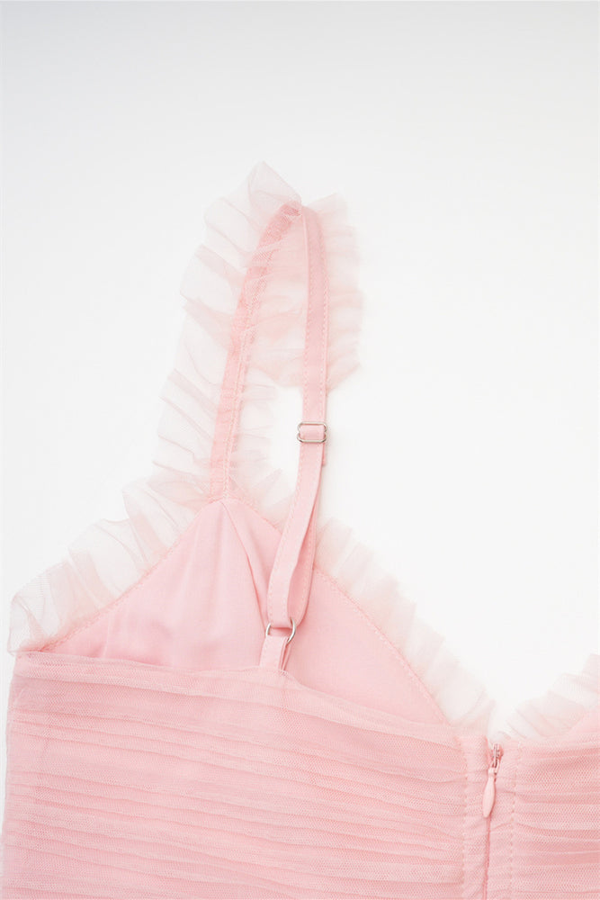 
                      
                        Straps Pink Ruffle Tiered Ruched Long Dress
                      
                    