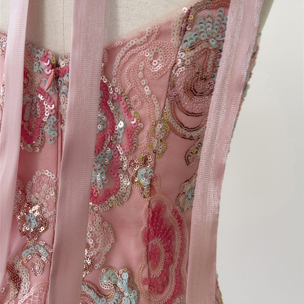 
                      
                        Straps Pink Sequin Embroidered Sheath Short Dress
                      
                    