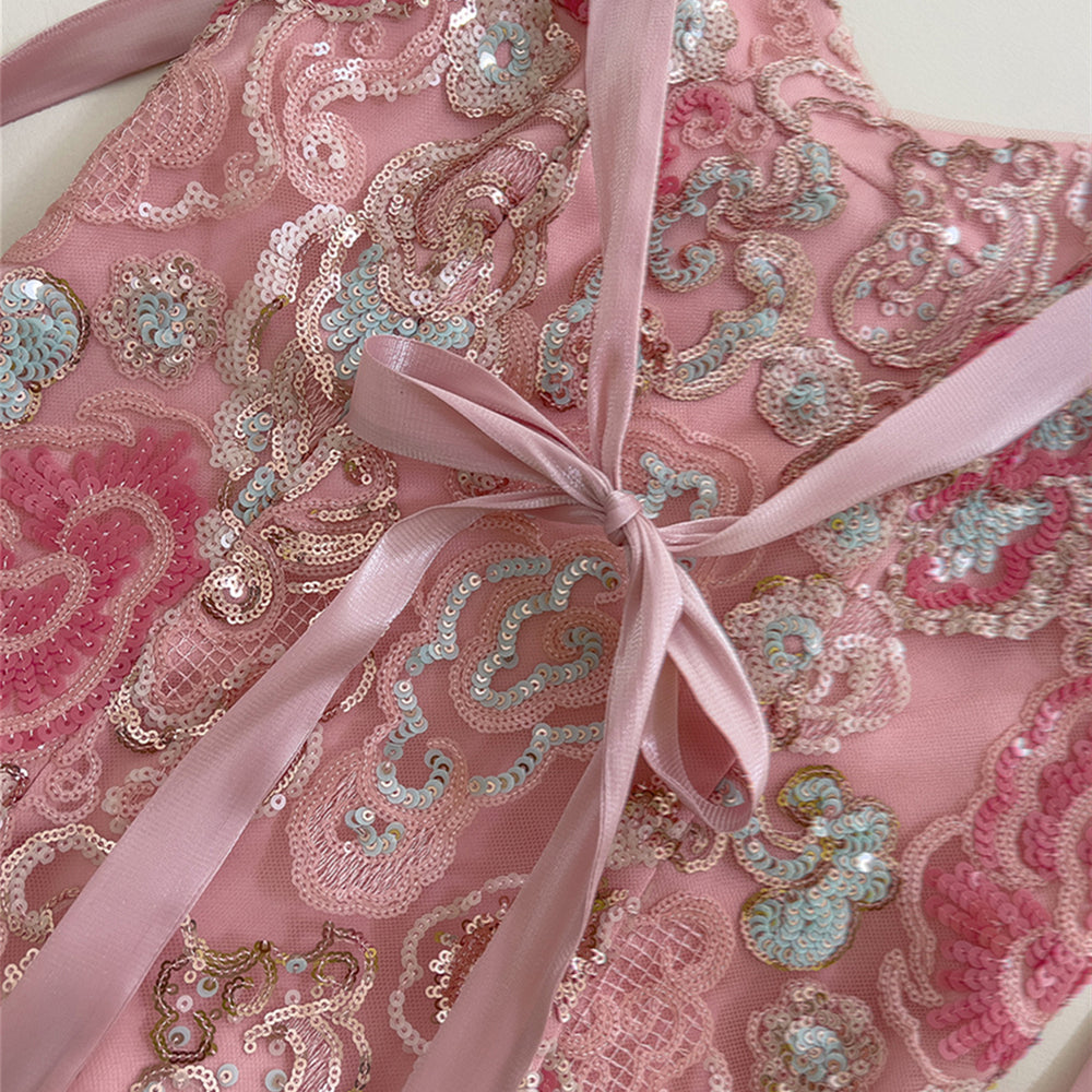 
                      
                        Straps Pink Sequin Embroidered Sheath Short Dress
                      
                    