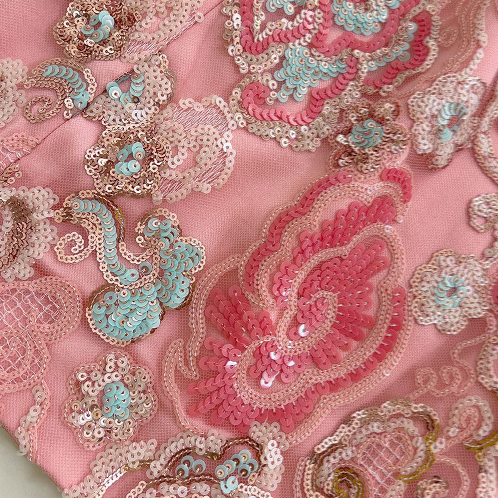
                      
                        Straps Pink Sequin Embroidered Sheath Short Dress
                      
                    