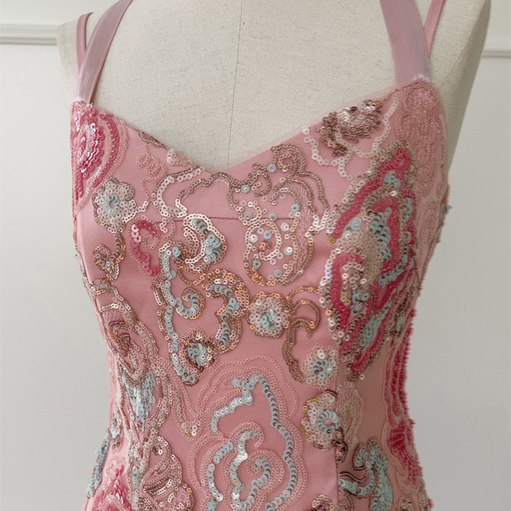 
                      
                        Straps Pink Sequin Embroidered Sheath Short Dress
                      
                    