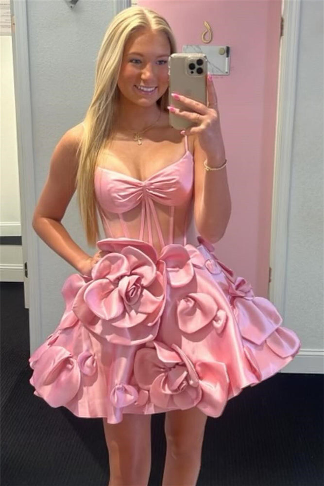 
                      
                        Straps Pink Sheer Bodice Short Dress with Rosette
                      
                    