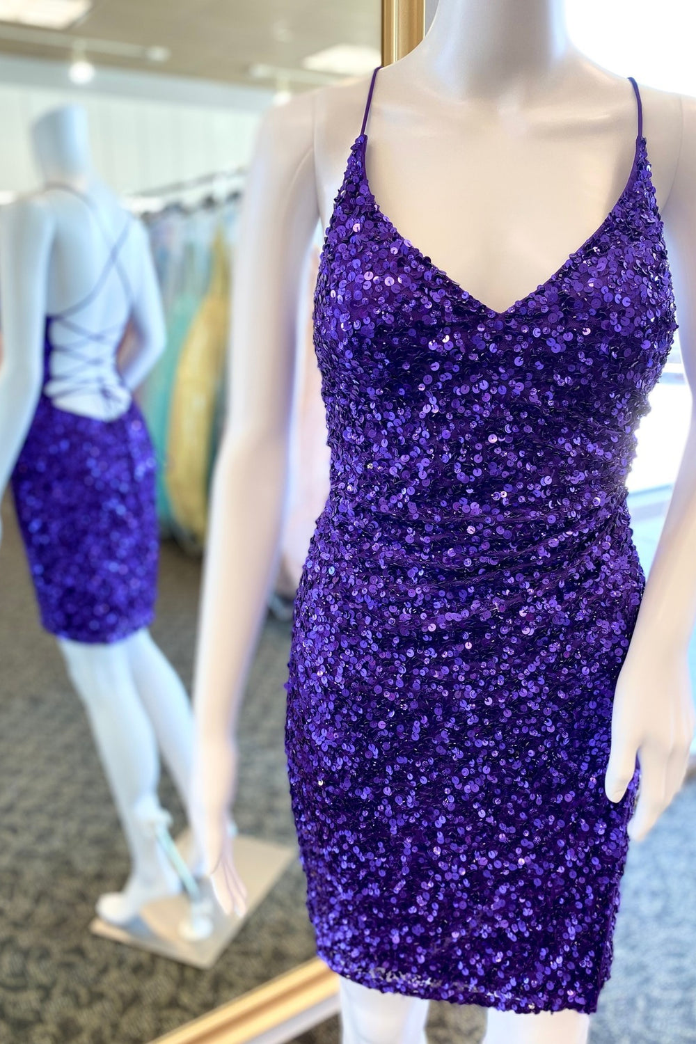 Straps Purple Sequin Tight Short Dress