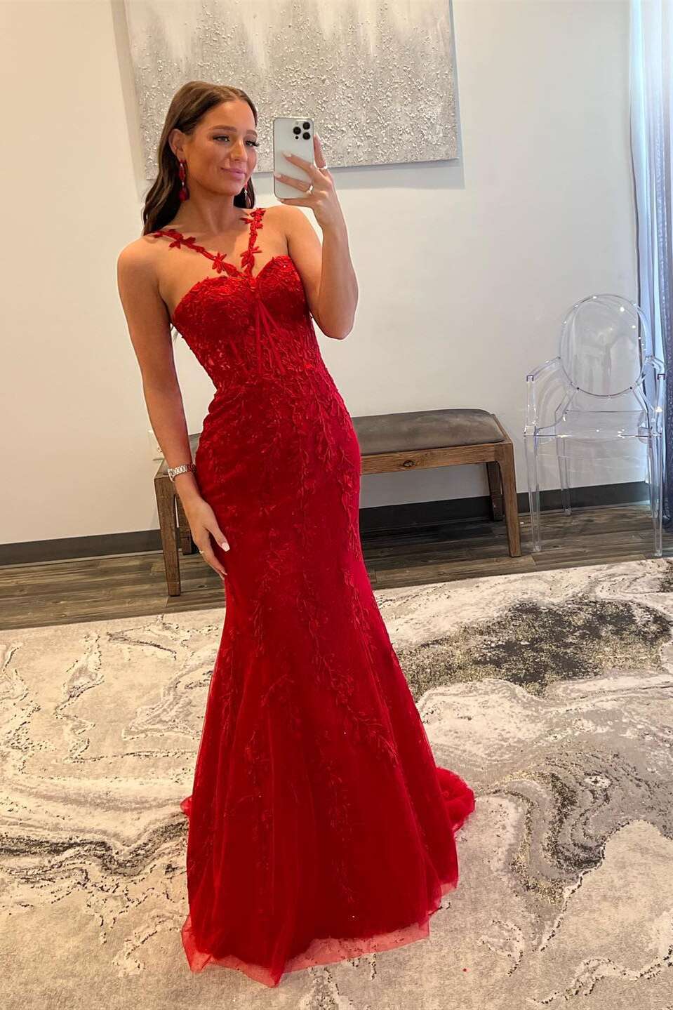 Straps Red Appliques Mermaid Long Tulle Dress