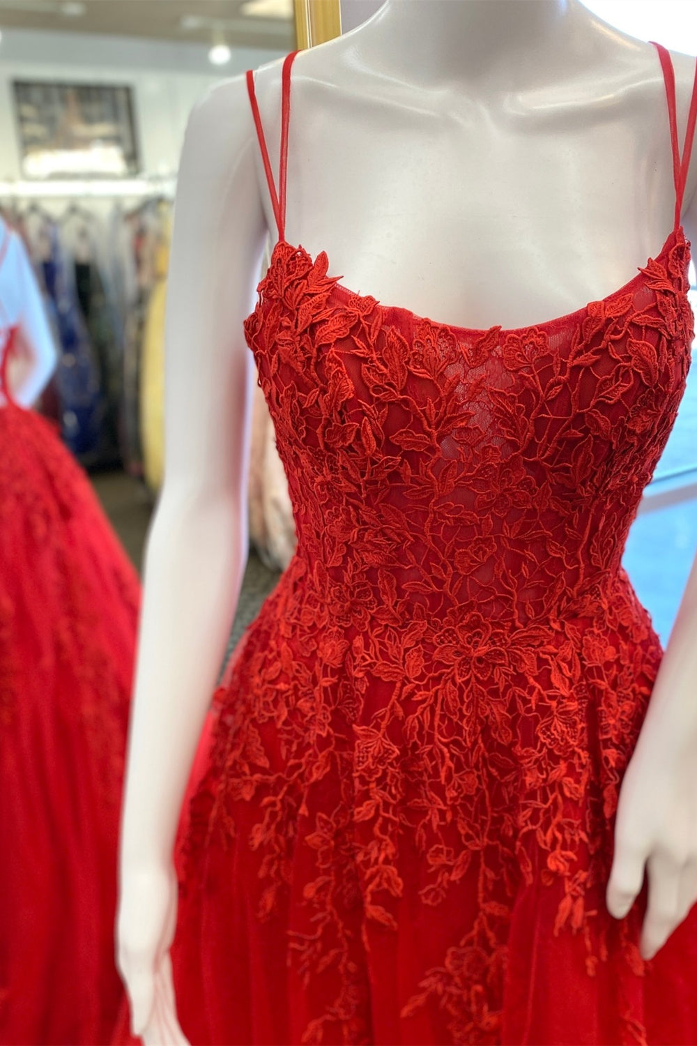 Straps Red Lace Appliques Long Formal Dress