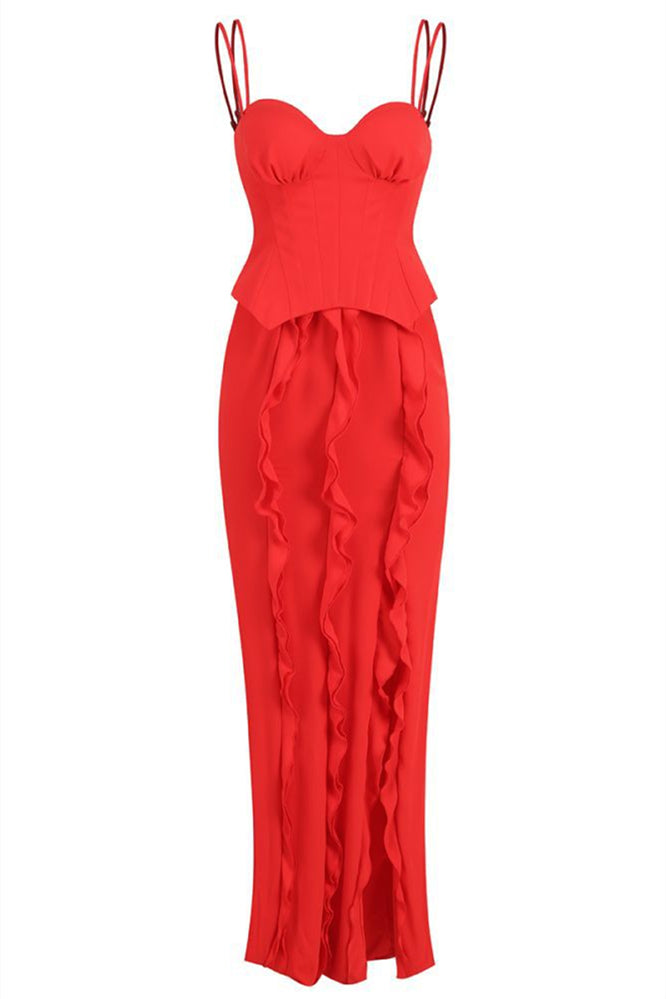 Straps Red Ruffle Hem Long Dress With Slit