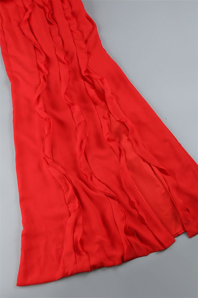 
                      
                        Straps Red Ruffle Hem Long Dress With Slit
                      
                    