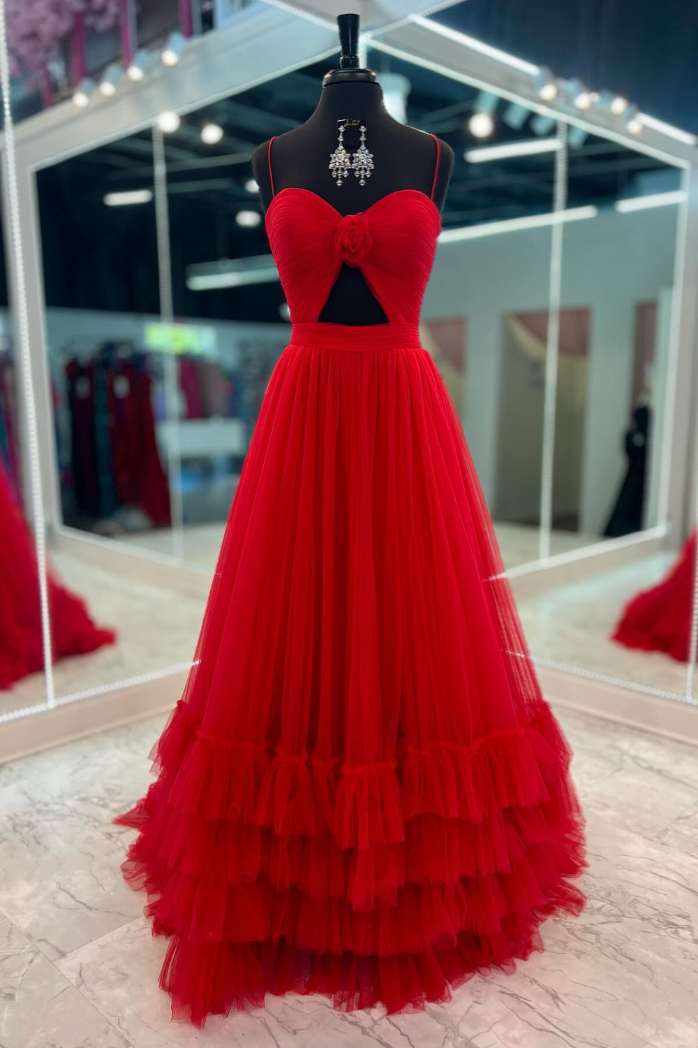 Straps Red Ruffles Tiered Long Dress with Keyhole