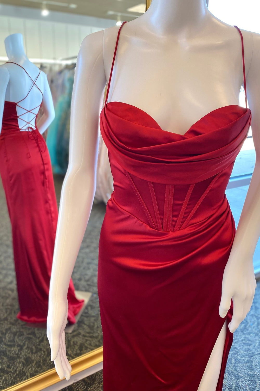 Straps Red Satin Mermaid Long Formal Dress