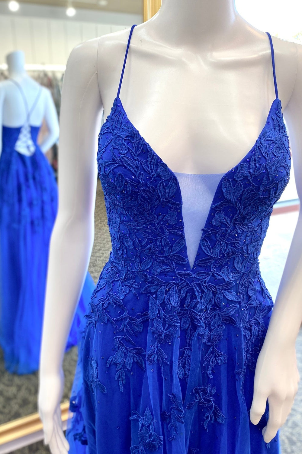 Straps Royal Blue Lace Appliques Long Formal Dress