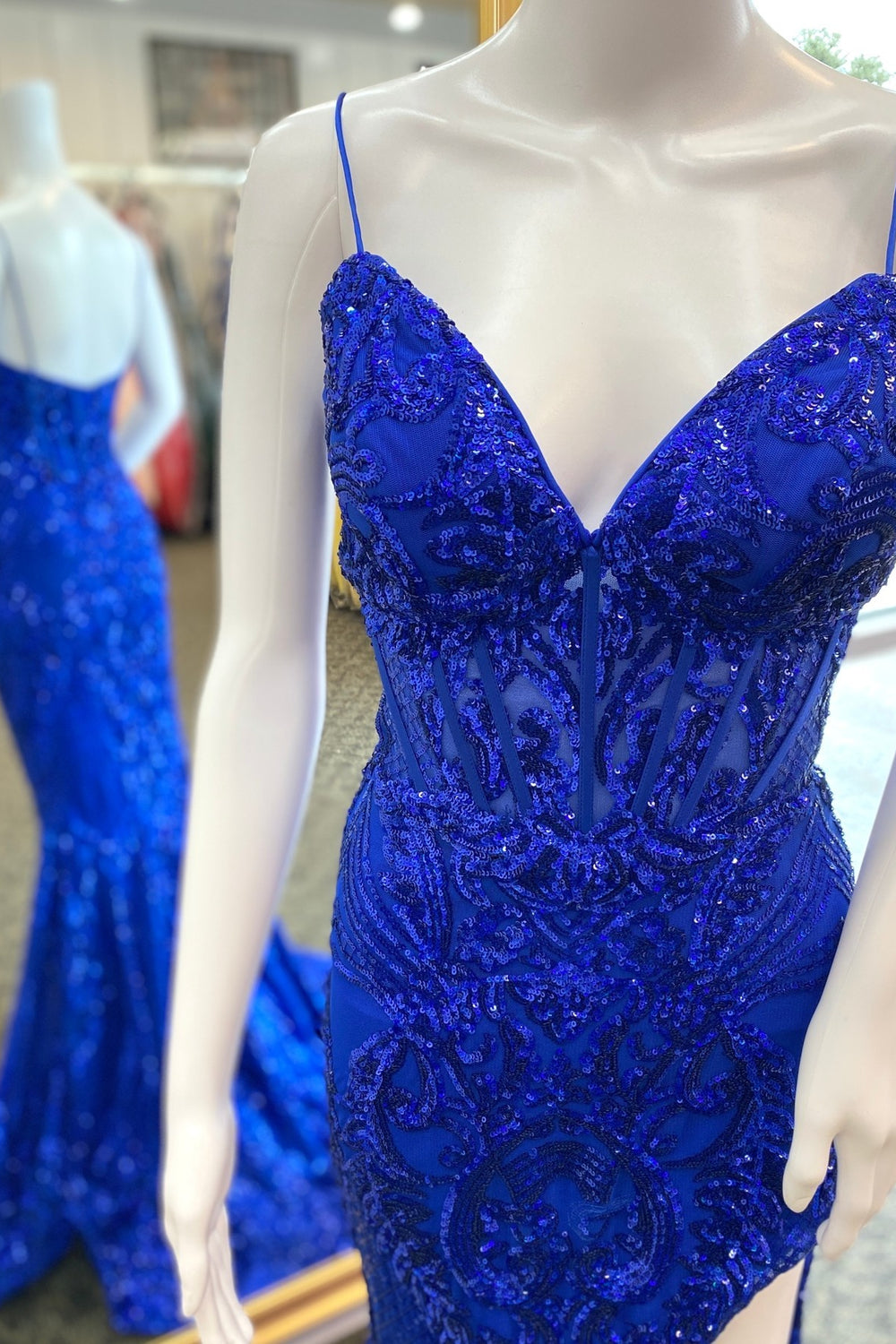 Straps Royal Blue Tulle Mermaid Long Formal Dress