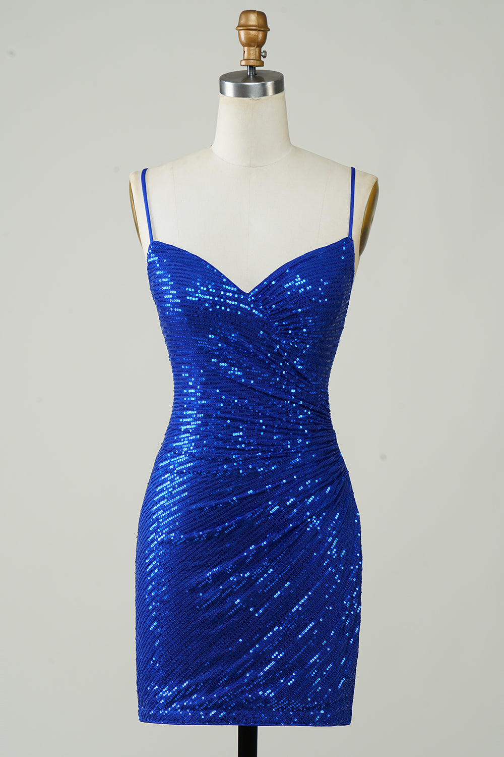 Straps Royal Blue Sequin Ruched Short Dress