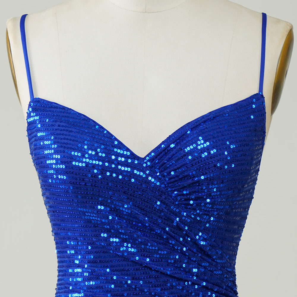 
                      
                        Straps Royal Blue Sequin Ruched Short Dress
                      
                    