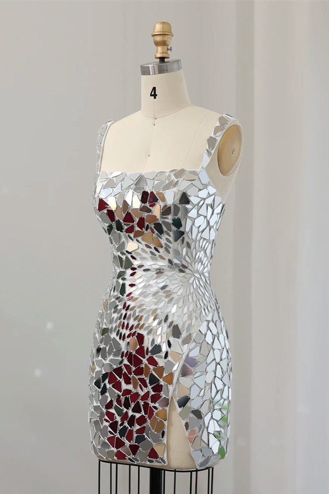 
                      
                        Straps Silver Mirror Glass Bodycon Short Dress
                      
                    