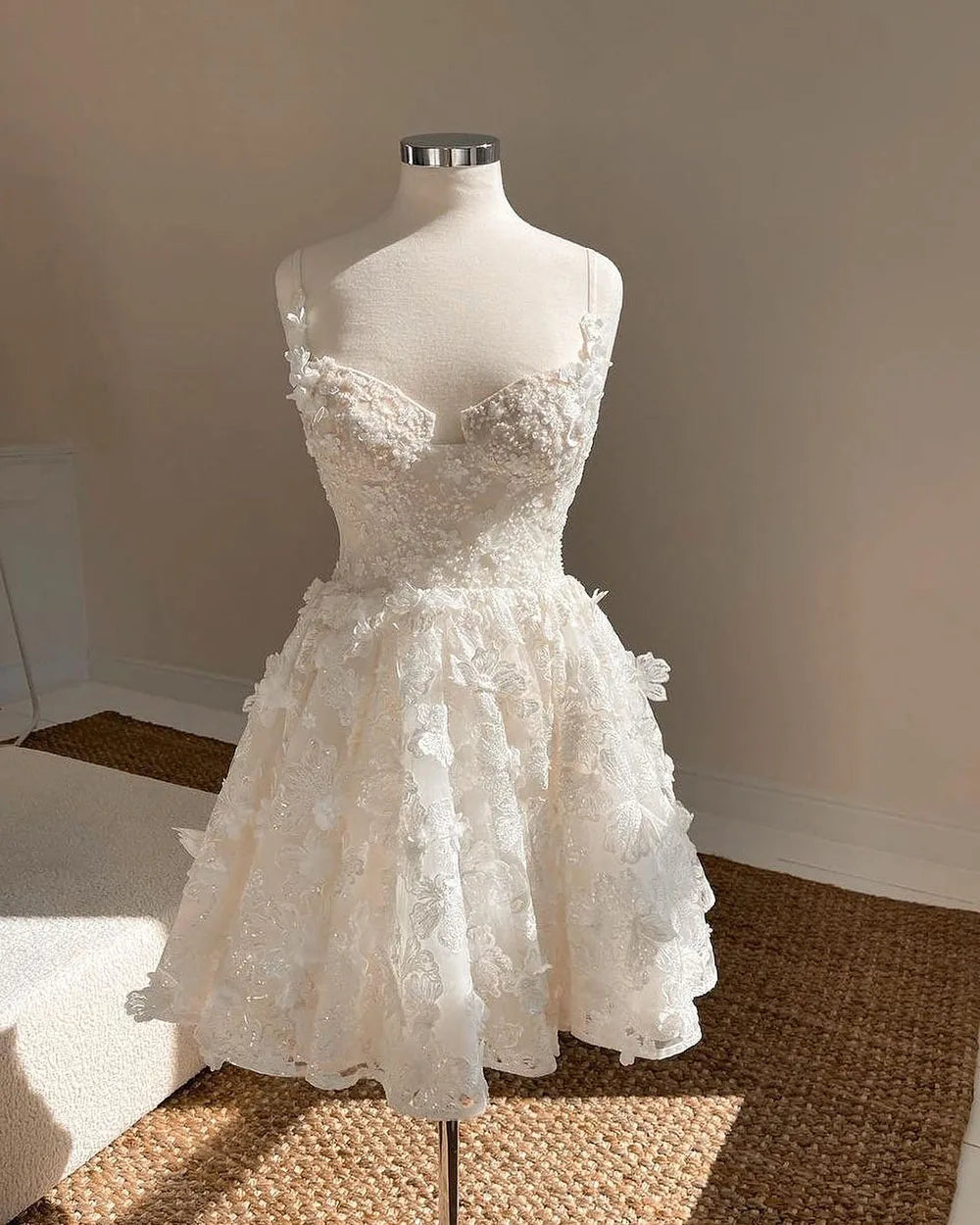 Straps White 3D Floral A-line Short Dress – PollyBoutique