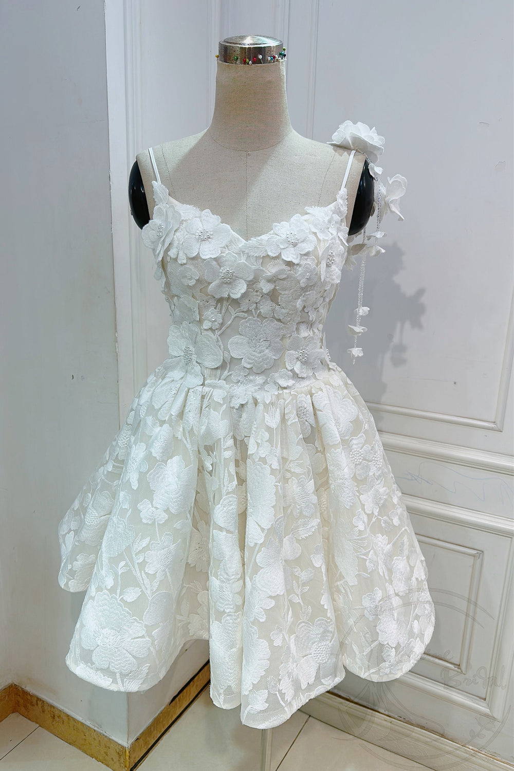 Straps White 3D Flower A-line Short Dress