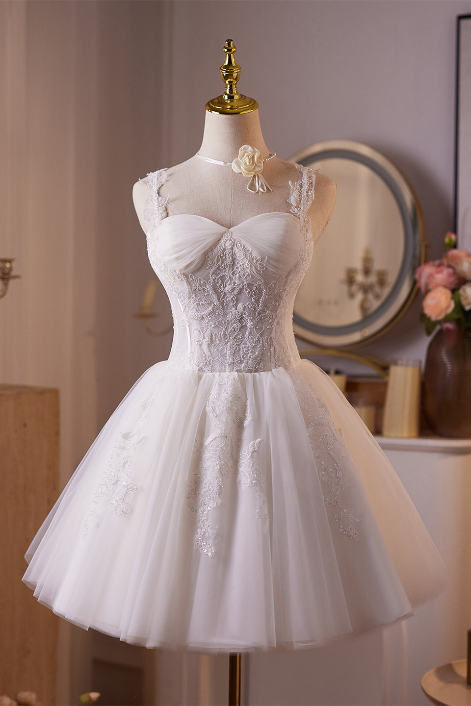 Straps White Lace Appliques Tulle Short Dress