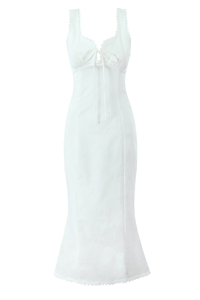Straps White Tie Front Mermaid Maxi Dress