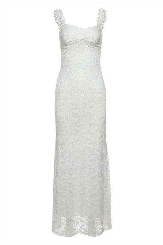 Straps White Twist Floral Lace Maxi Dress