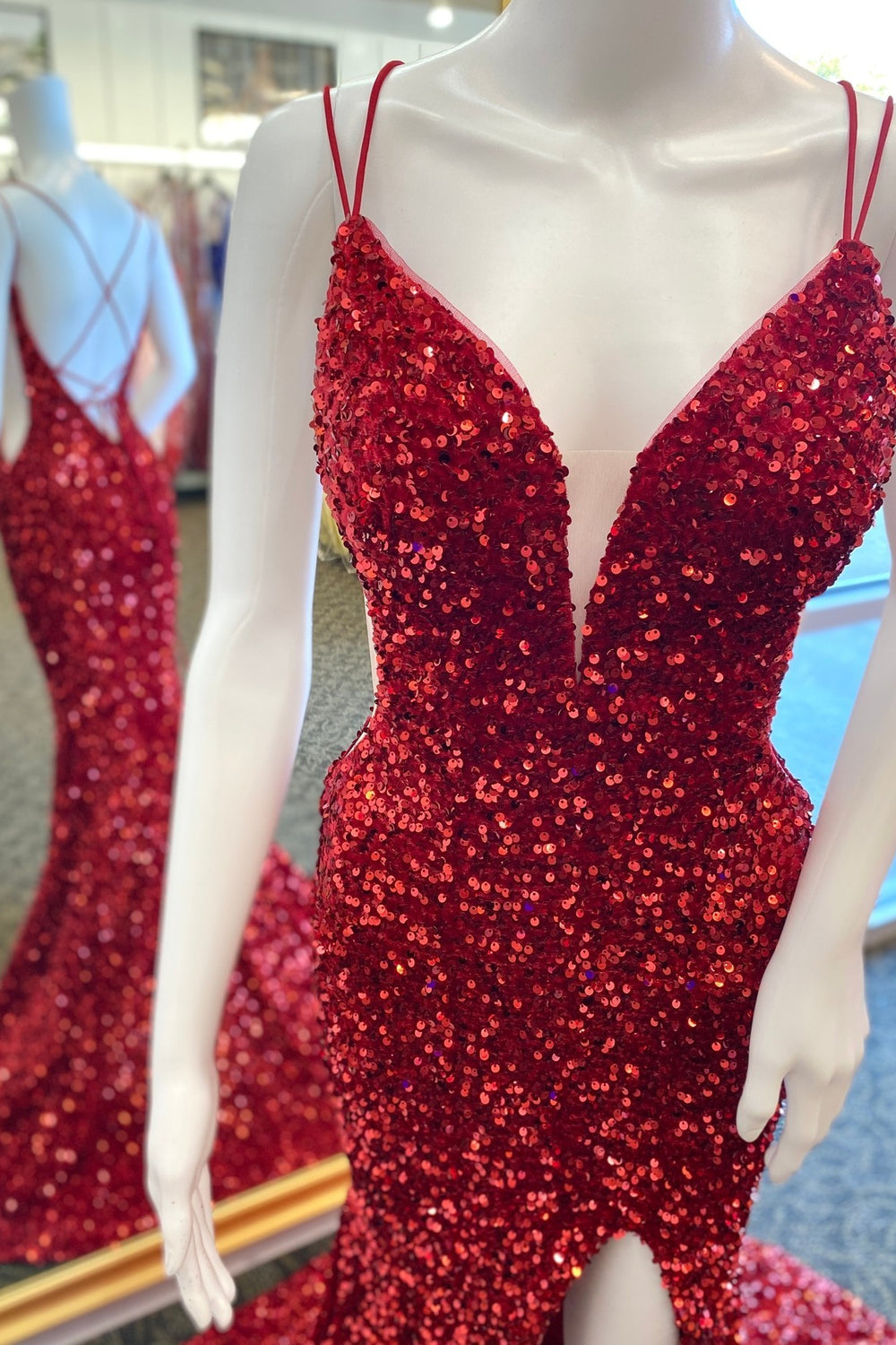 Straps Wine Red Sequin Mermaid Long Formal Dress