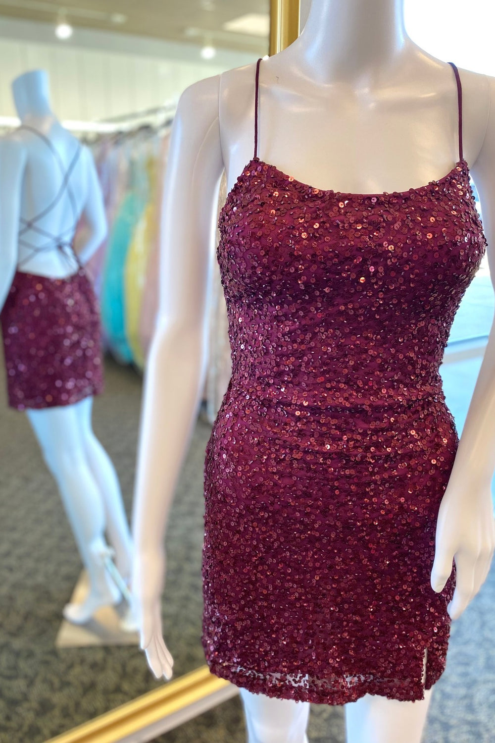 Straps Wine Red Sequin Tight Short Dress