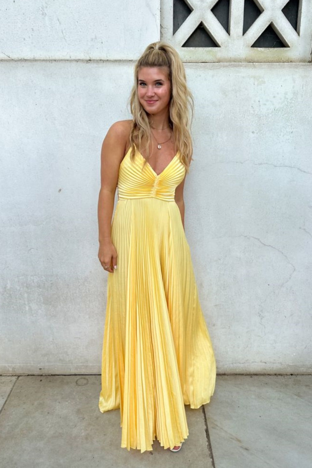 Straps Yellow Back Tie Pleated A-line Long Dress