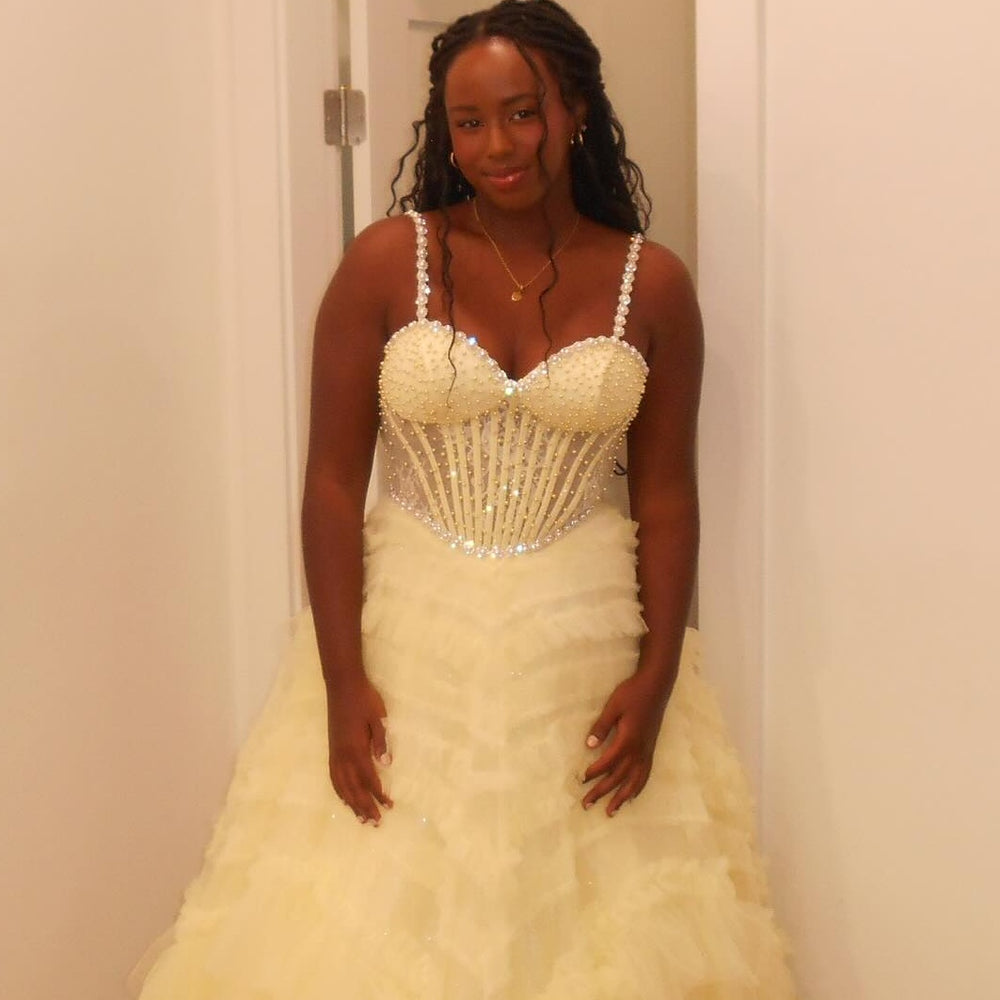 
                      
                        Straps Yellow Beaded Ruffled Long Dress with Pearls
                      
                    