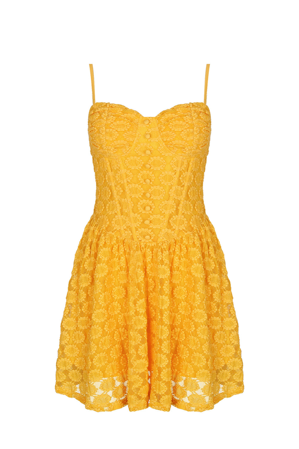 Straps Yellow Button Front Lace A-line Short Dress