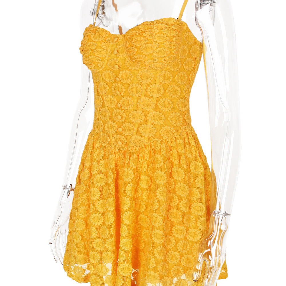 
                      
                        Straps Yellow Button Front Lace A-line Short Dress
                      
                    