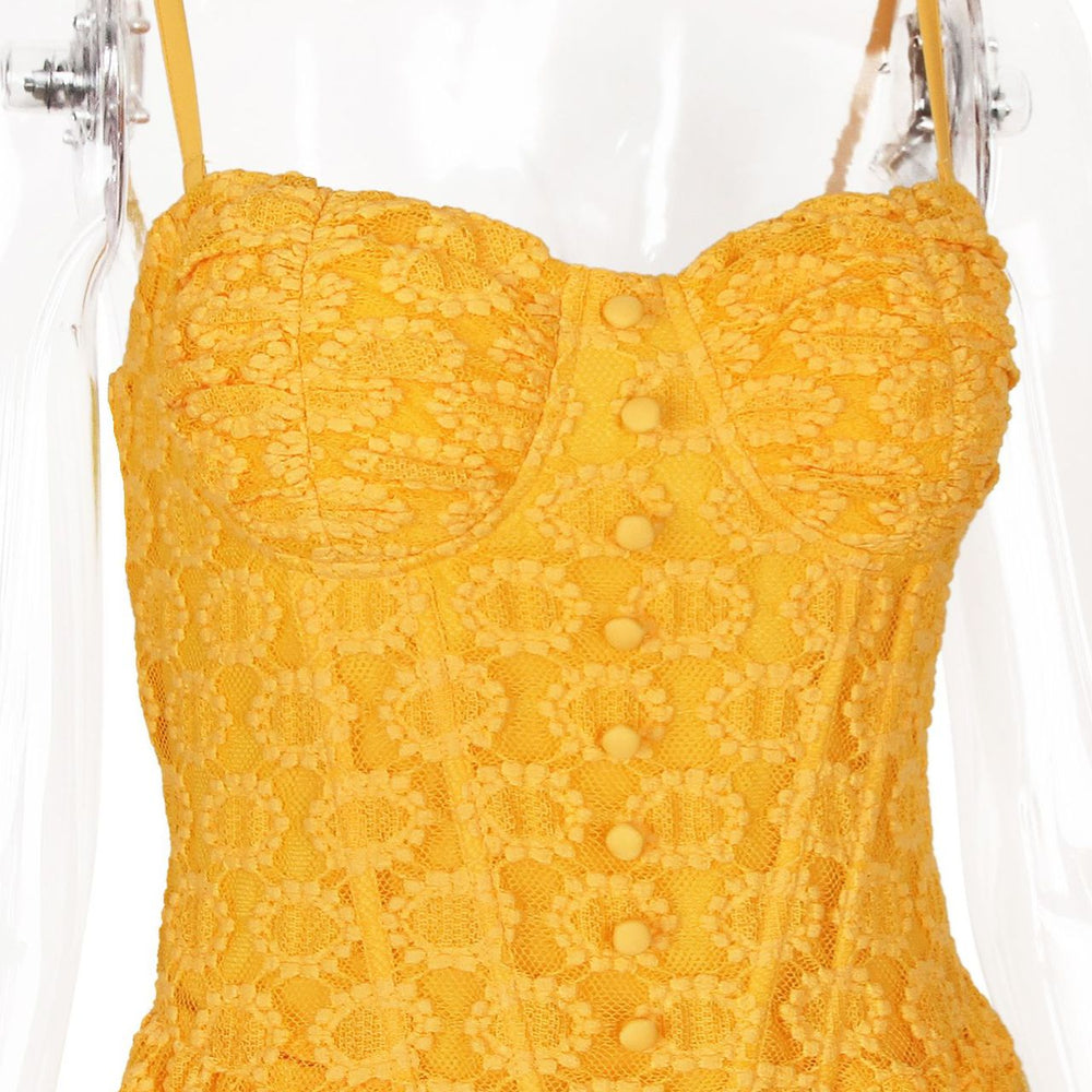 
                      
                        Straps Yellow Button Front Lace A-line Short Dress
                      
                    