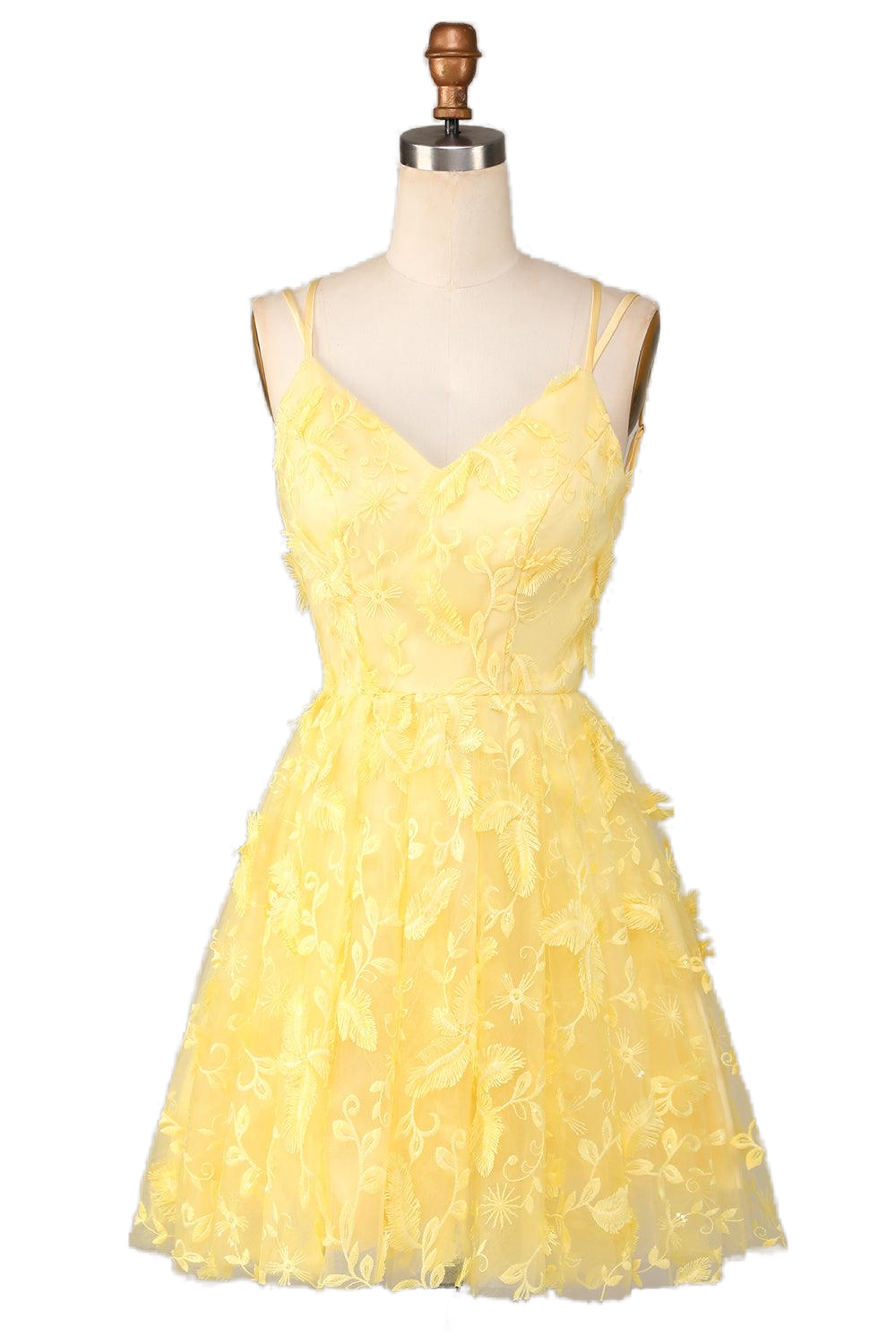 Straps Yellow Embroidery Short Princess Dress