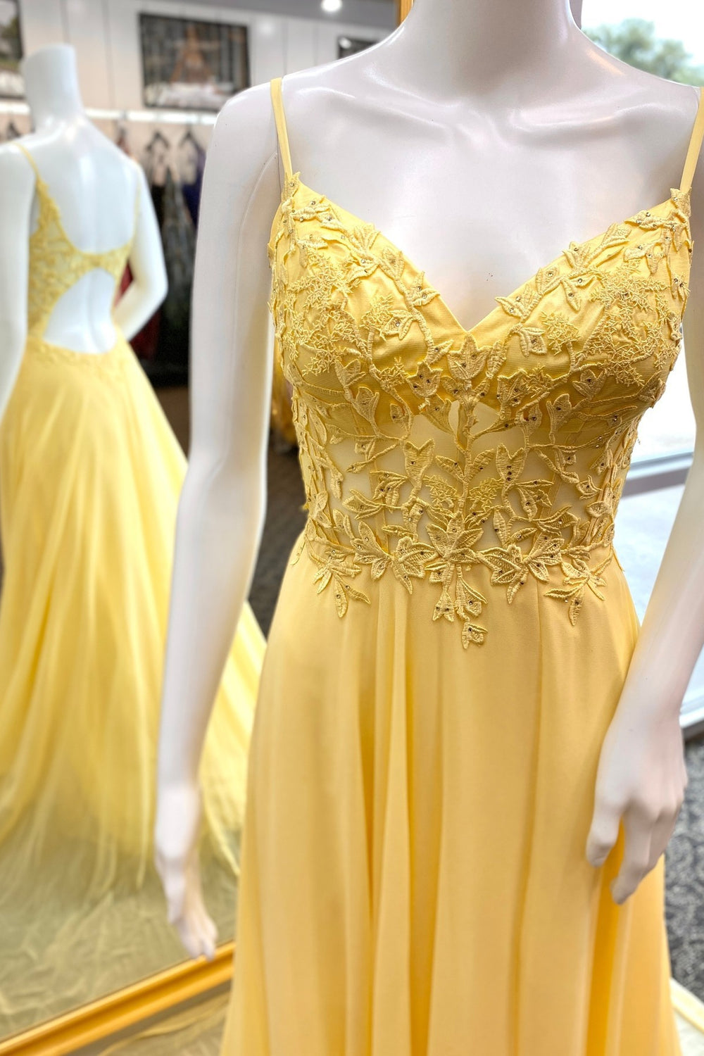 Straps Yellow Lace Appliques Long Prom Dress