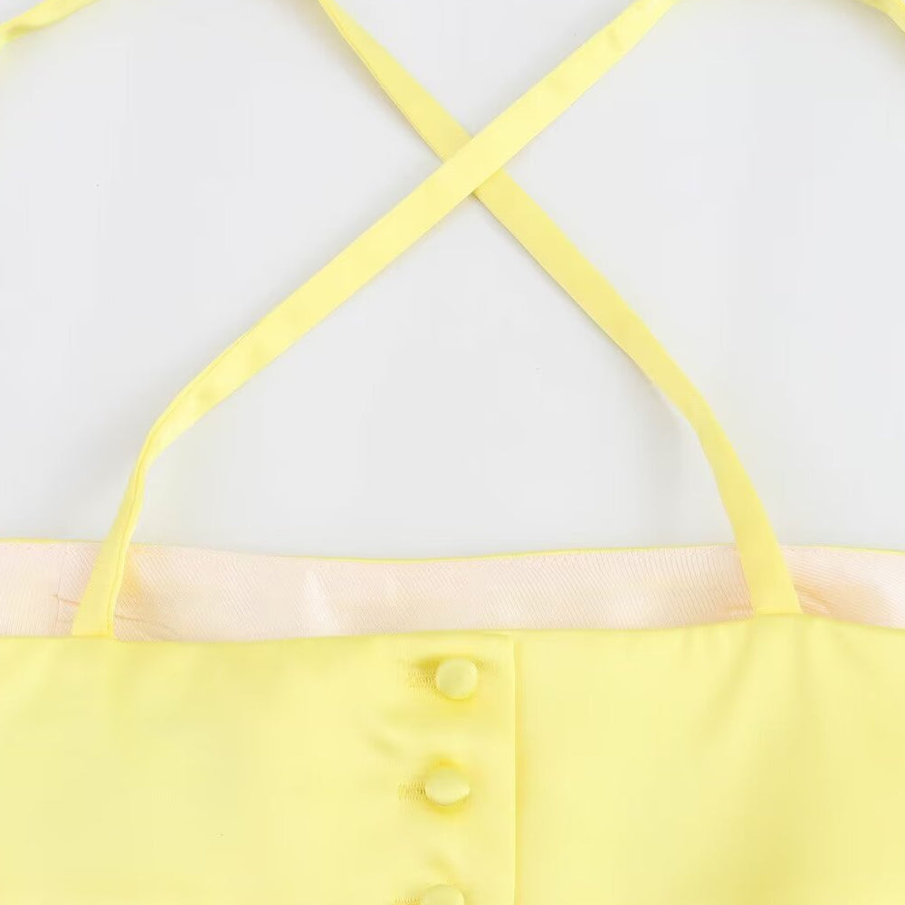 
                      
                        Straps Yellow Tiered Short Dress with Cut-out
                      
                    