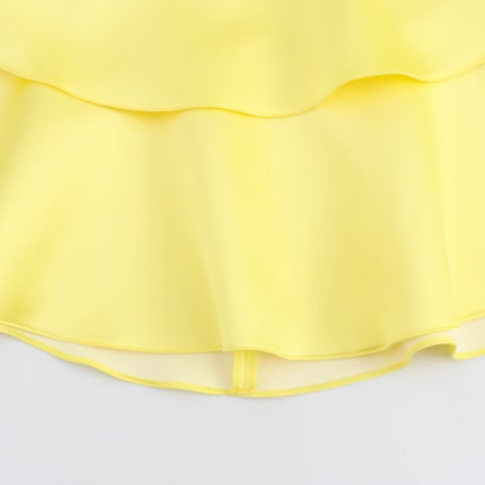 
                      
                        Straps Yellow Tiered Short Dress with Cut-out
                      
                    