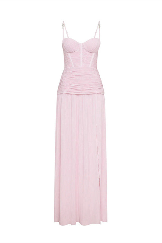 Straps Apricot Pleated Long Dress with Slit