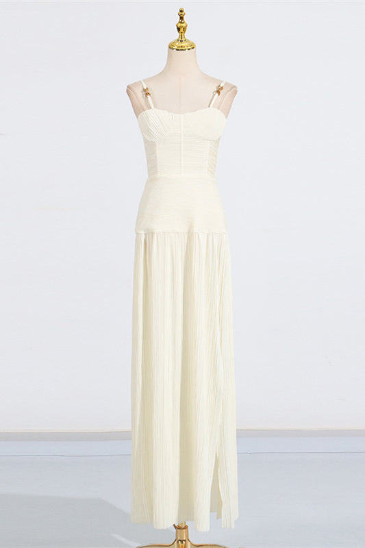 Straps Apricot Pleated Long Dress with Slit