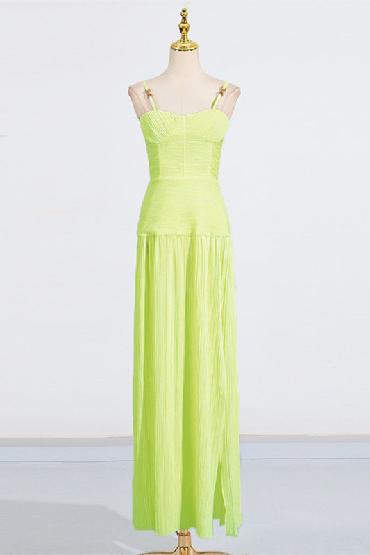 Straps Apricot Pleated Long Dress with Slit