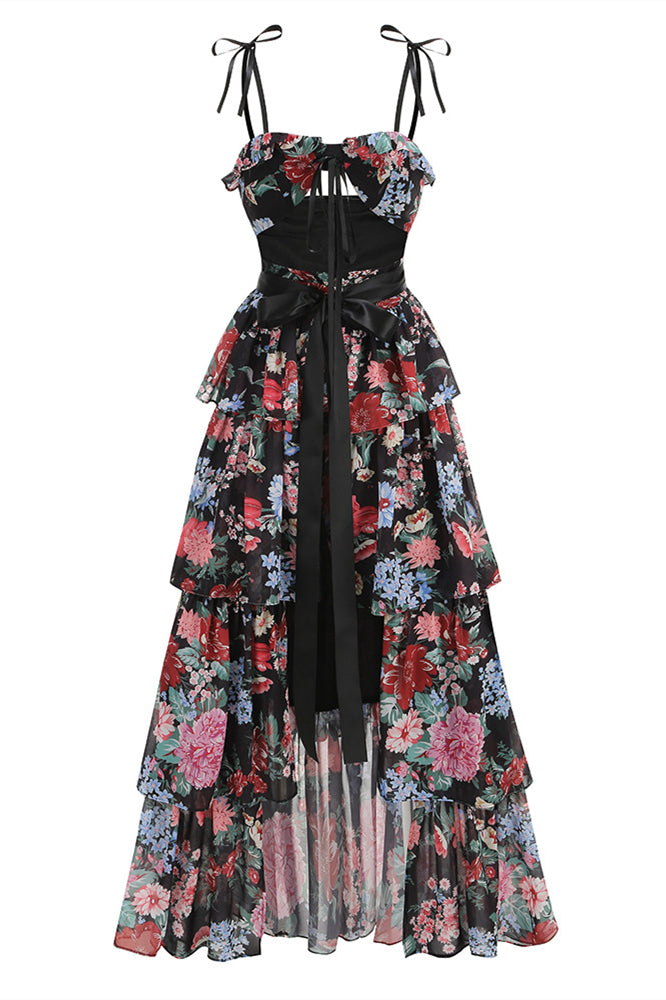 Straps Black Floral Print Ruffle Tiered Long Dress