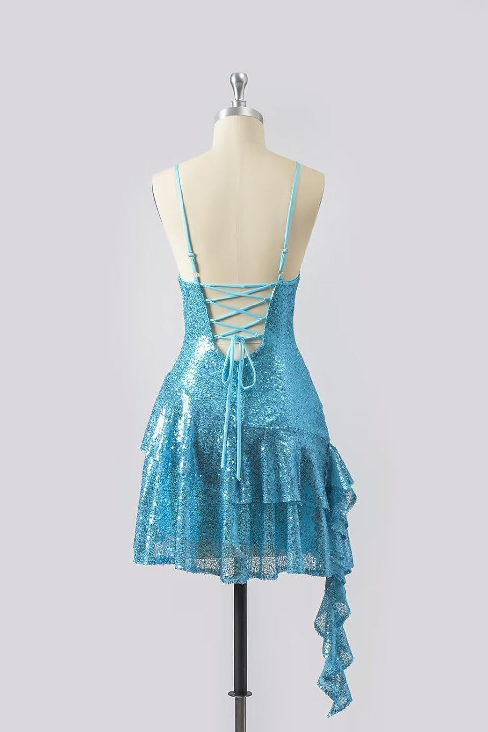 Straps Blue Asymmetrical Hem Sequin Short Dress