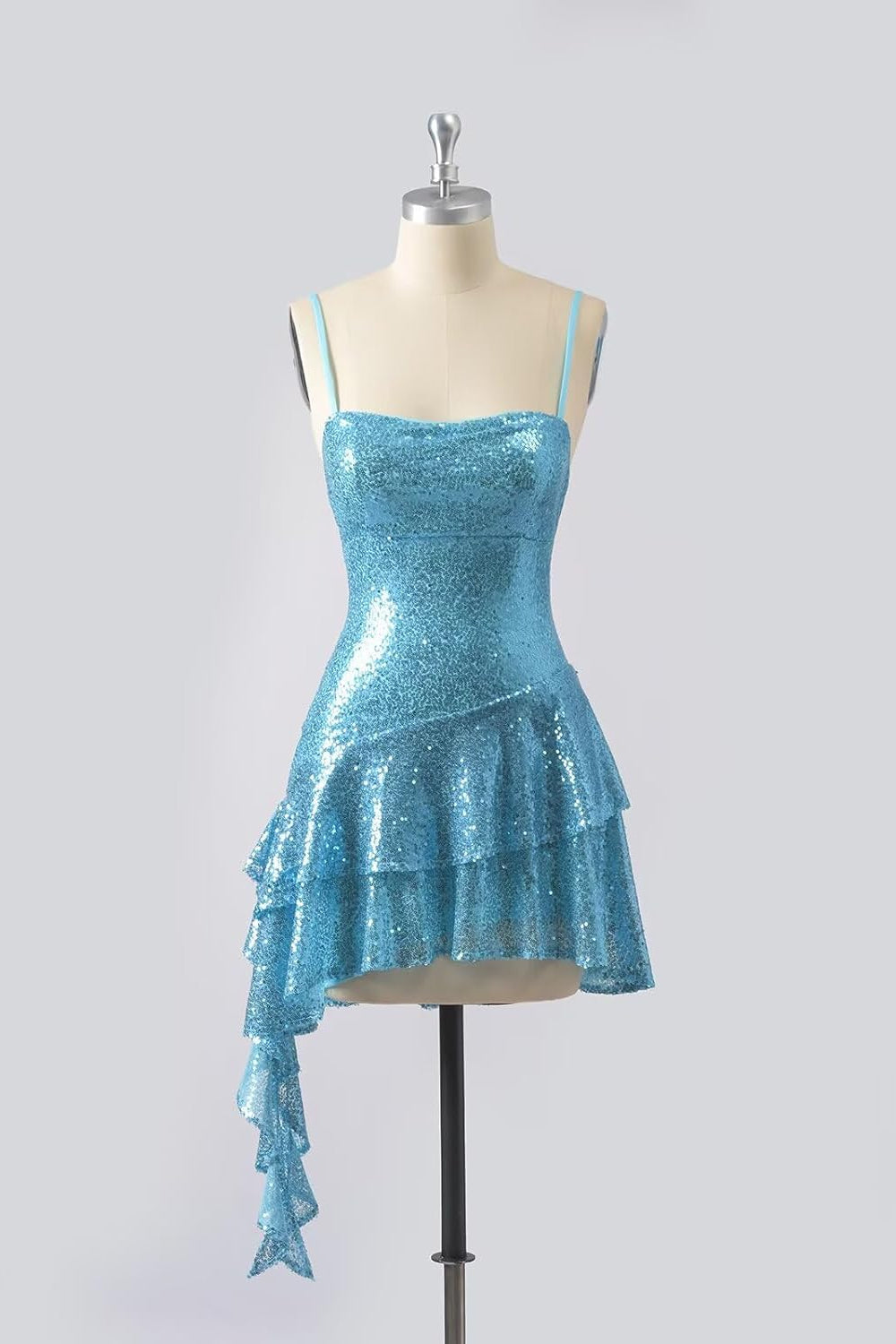 Straps Blue Asymmetrical Hem Sequin Short Dress